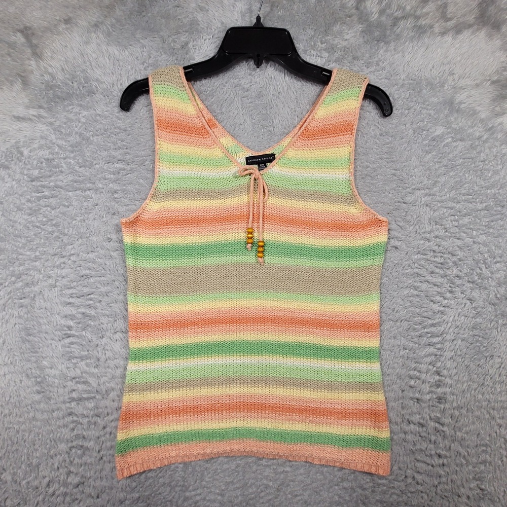 Carolyn Taylor Crochet Tank‎ Top Striped Sleeveless V Neck Beaded Drawstring M/M
